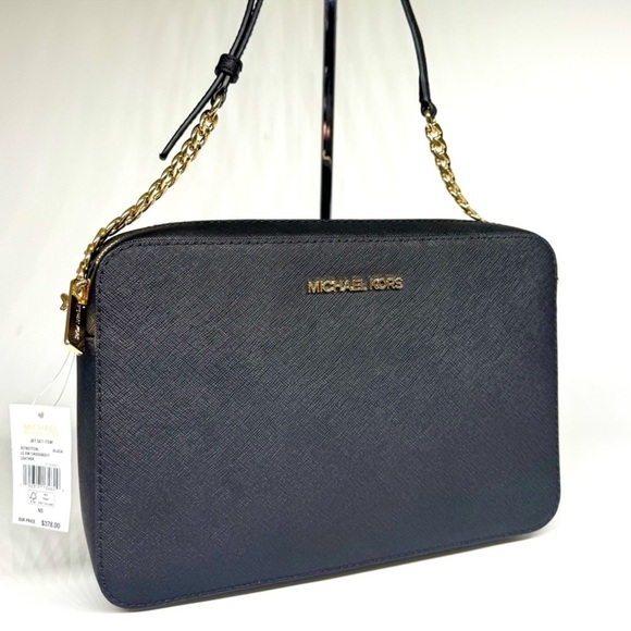 Michael Kors Jet Set Large Signature Logo Crossbody Bag Black/Gold - Picture 3 of 8